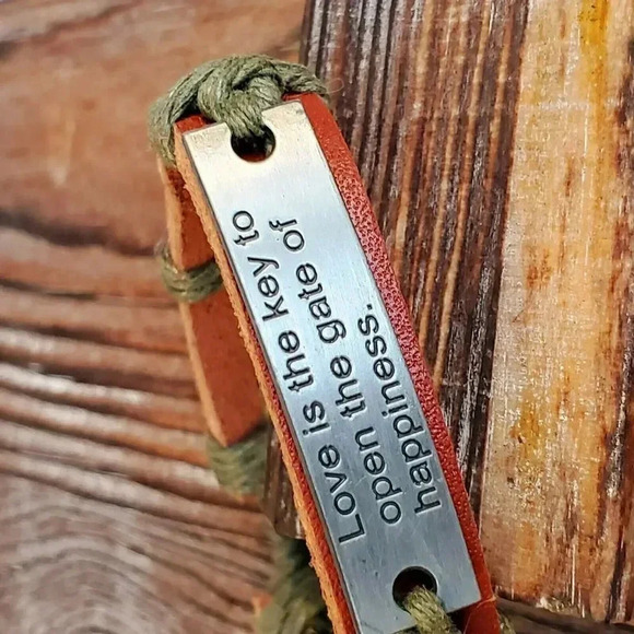 Handmade Brown Green Love is The Key Leather Silver Pewter Adjustable Bracelet - Picture 2 of 6